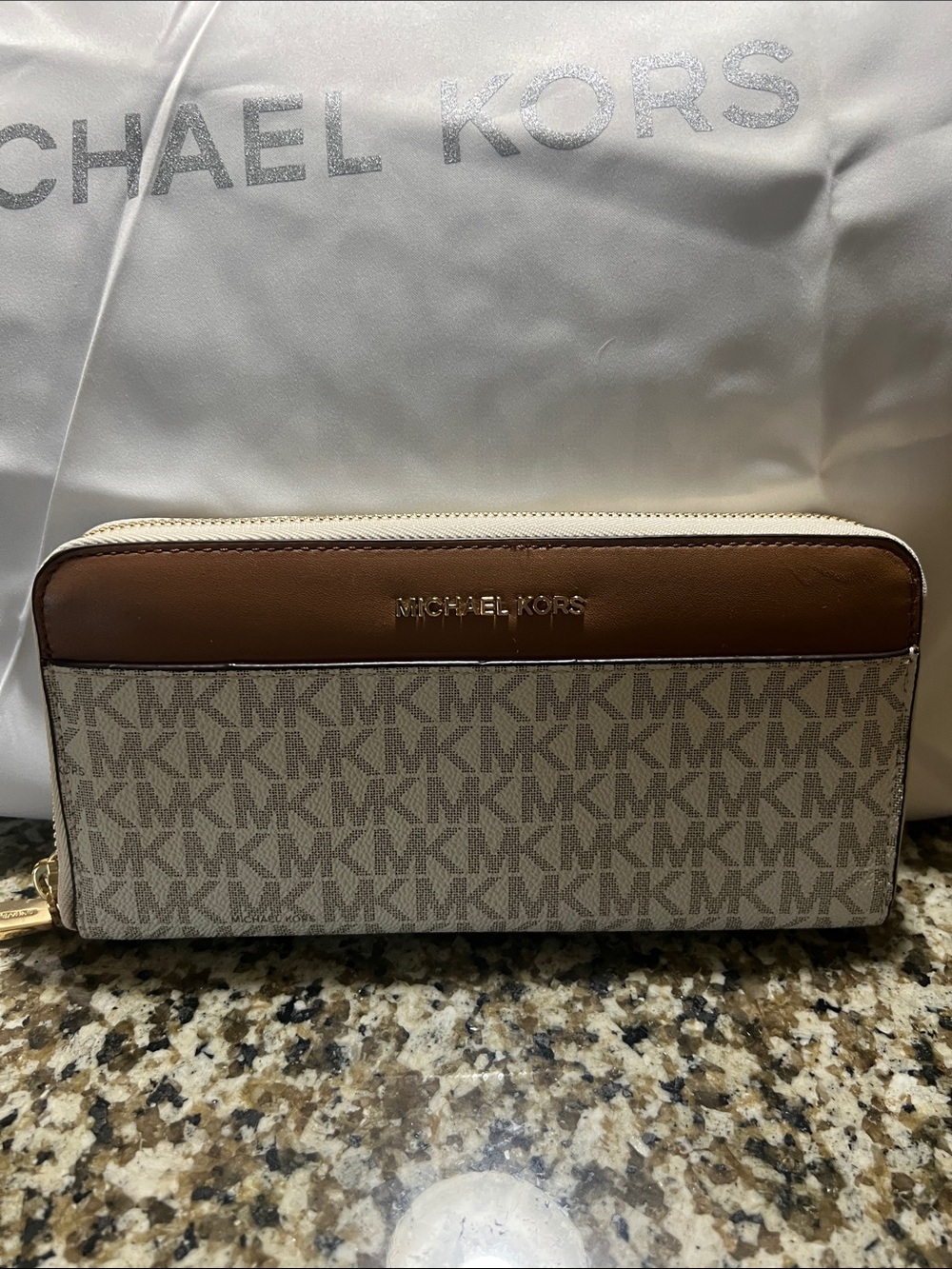 Michael Kors Beige and Brown MK Zip-Around Wallet